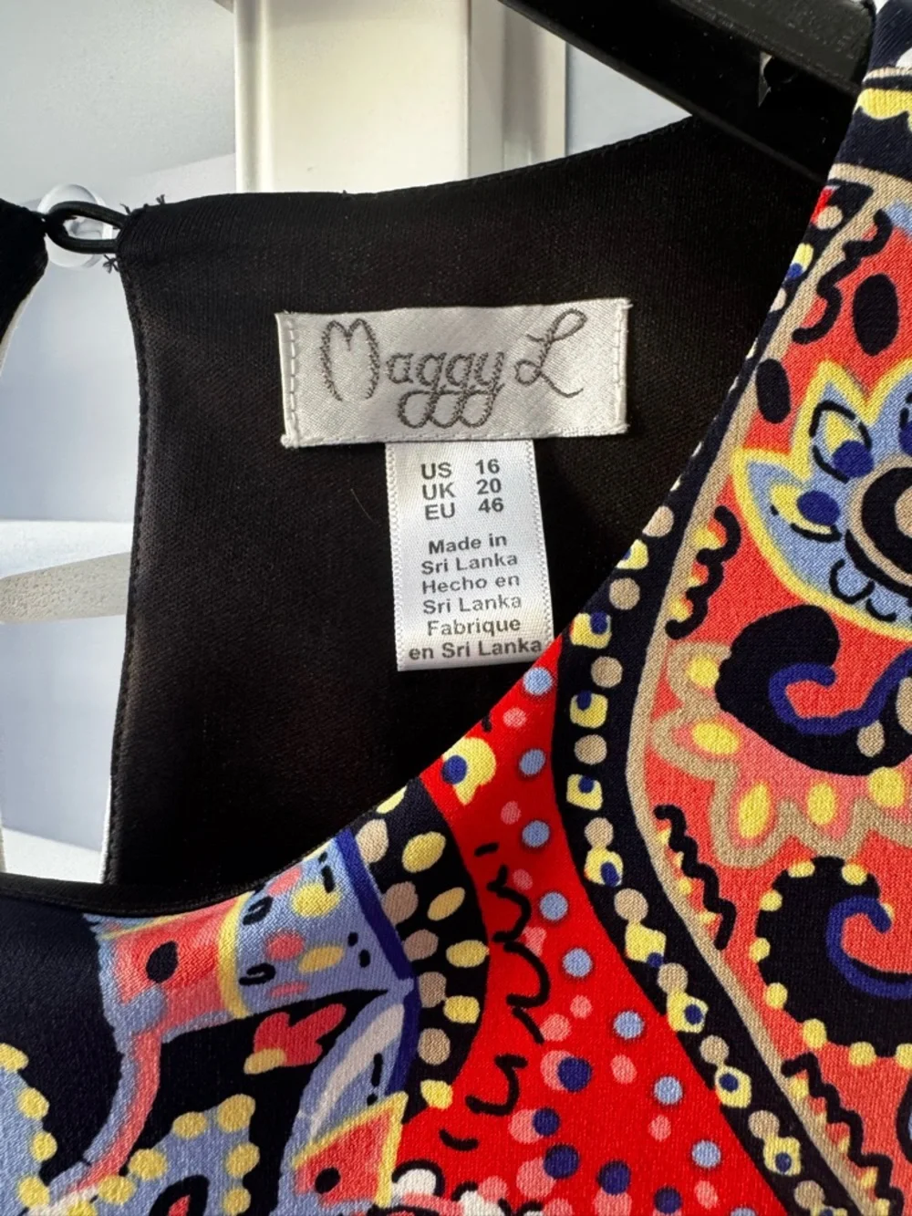 Maggy L Office Dress Sz 16 Paisley Red Coral Navy Front Navy White Striped Back